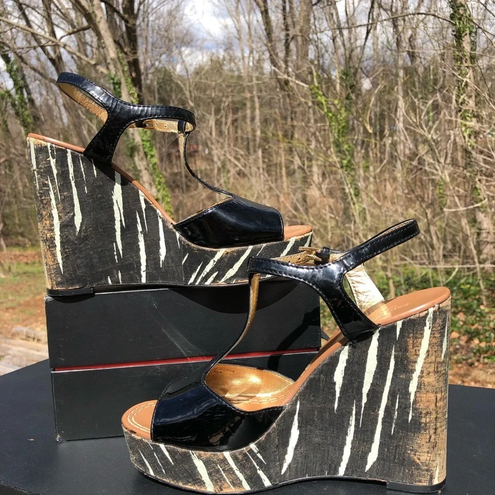 KATE SPADE New York Black Patent Leather Cork Wedge Platform Size 6.5‎ M (b10)